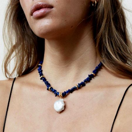 Lapis And Pearl stone necklace, Brass 22k gold plated jewelry, Gemstone jewelry for women